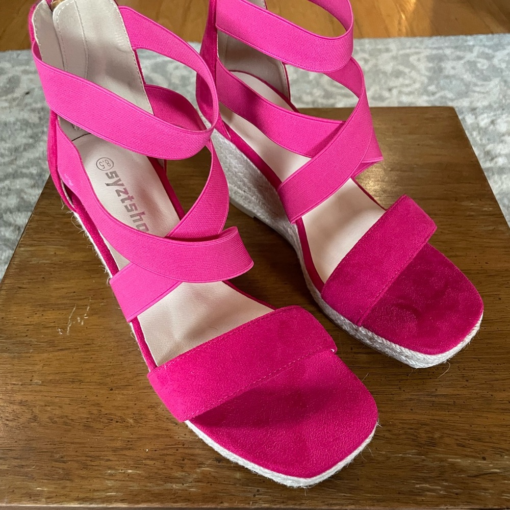 syztsho: Hot Pink Platform Wedge Espadrilles Wedge Sandals